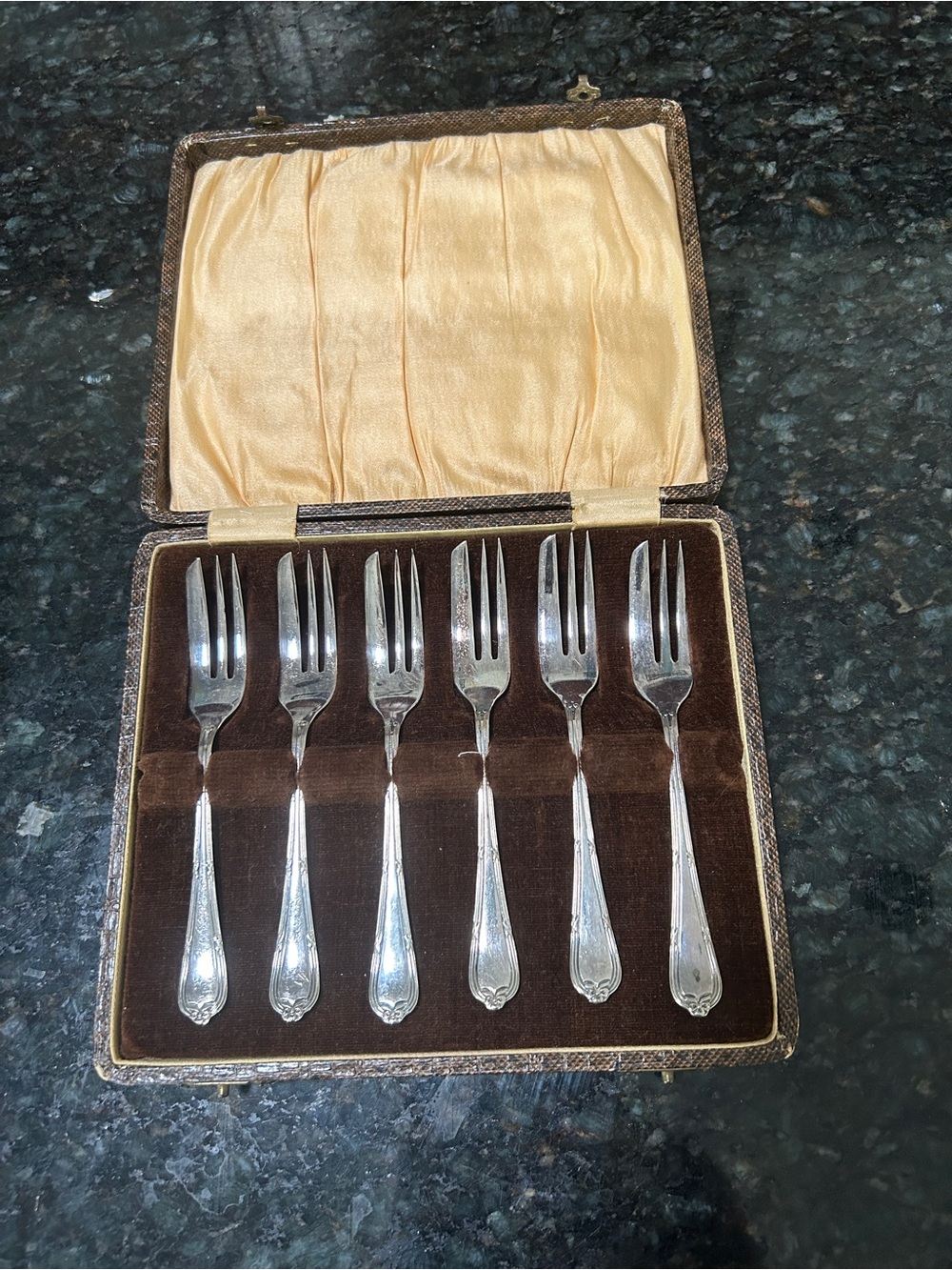 Vintage set six EPNS cake forks in snakeskin type case
